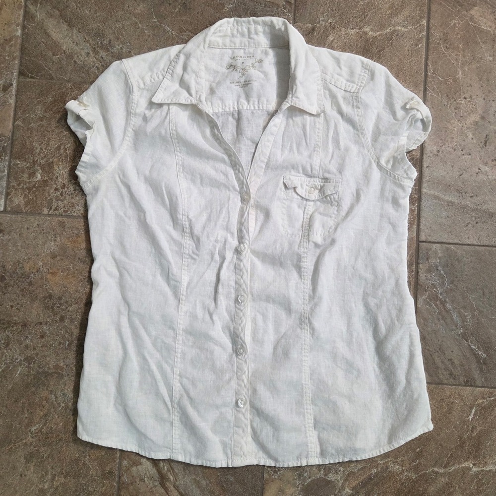 Sonoma Life Style White Linen Blend Short Sleeve Button Down Shirt Medium - Picture 2 of 7